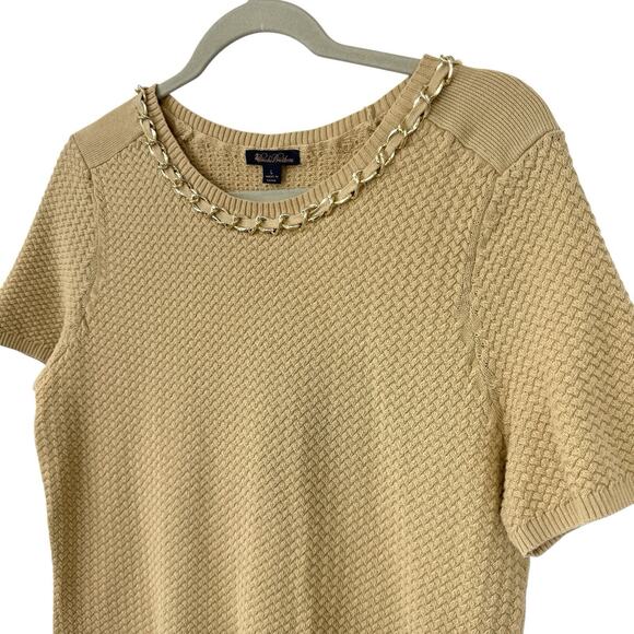 Brooks Brothers Short Sleeve Sweater Women Size Large Beige Knit Chain Trim - Picture 3 of 10